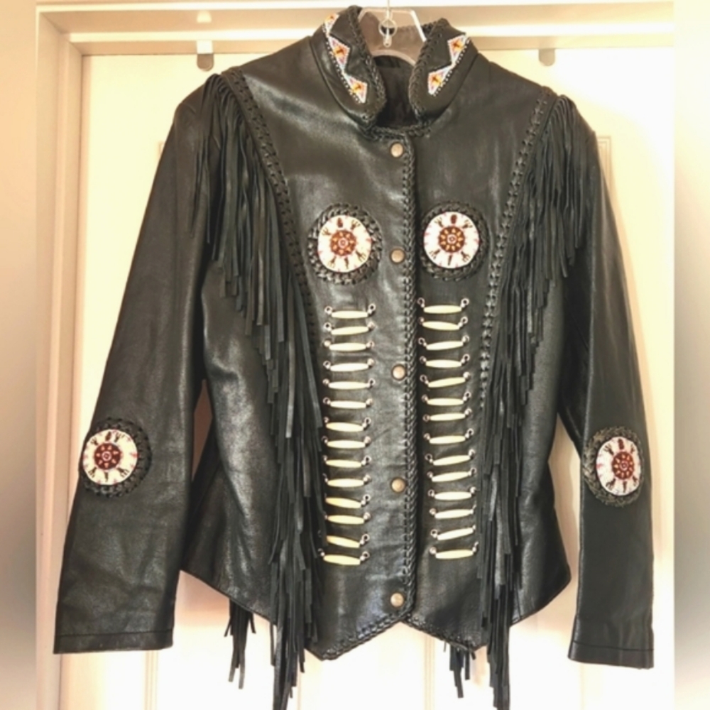 3B WEST Tansmith Black Fringe Multi Beads Leather Western Native Coat Jacket 36